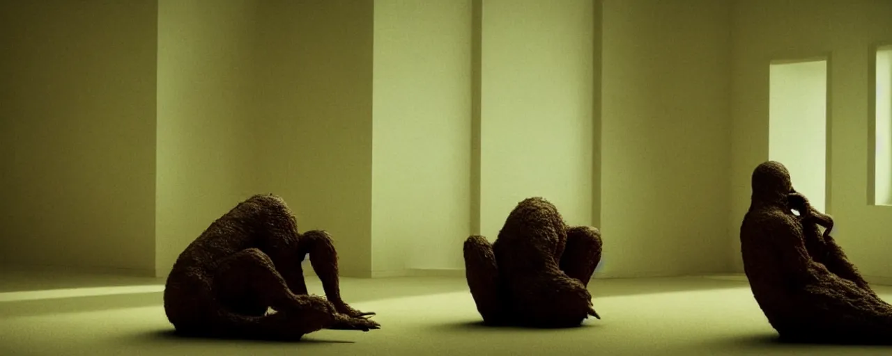 Image similar to a strange creature sits in the living room, film still from the movie directed by Denis Villeneuve with art direction by Zdzisław Beksiński, close up, telephoto lens, shallow depth of field