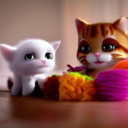 Prompt: miniature closeup of kittens playing with yarn, claymation, Pixar animation, visually stunning, 50mm, highly detauled, award-winning