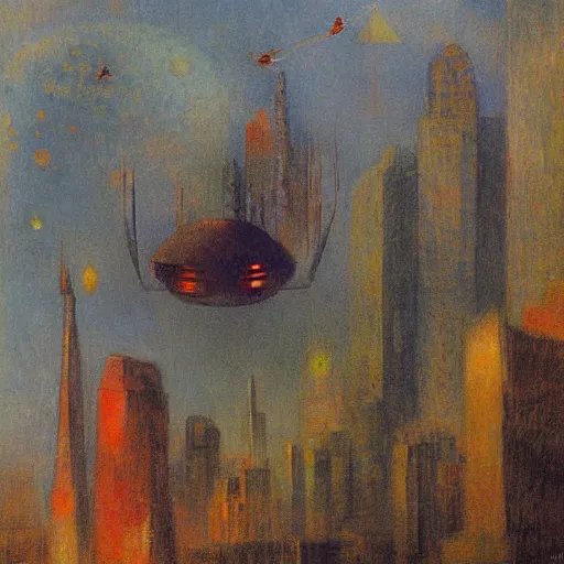 Image similar to cyborg flying on futuristic city by odilon redon