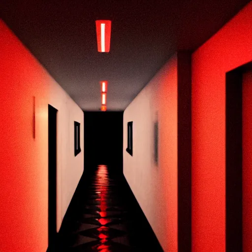 Prompt: photograph of an extremely dark narrow hallway with glowing humanoid cryptid made out of television static, dark deep black shadows, red and black color contrast in the style of trevor henderson, liminal space, 3 d octane render, glitch effect