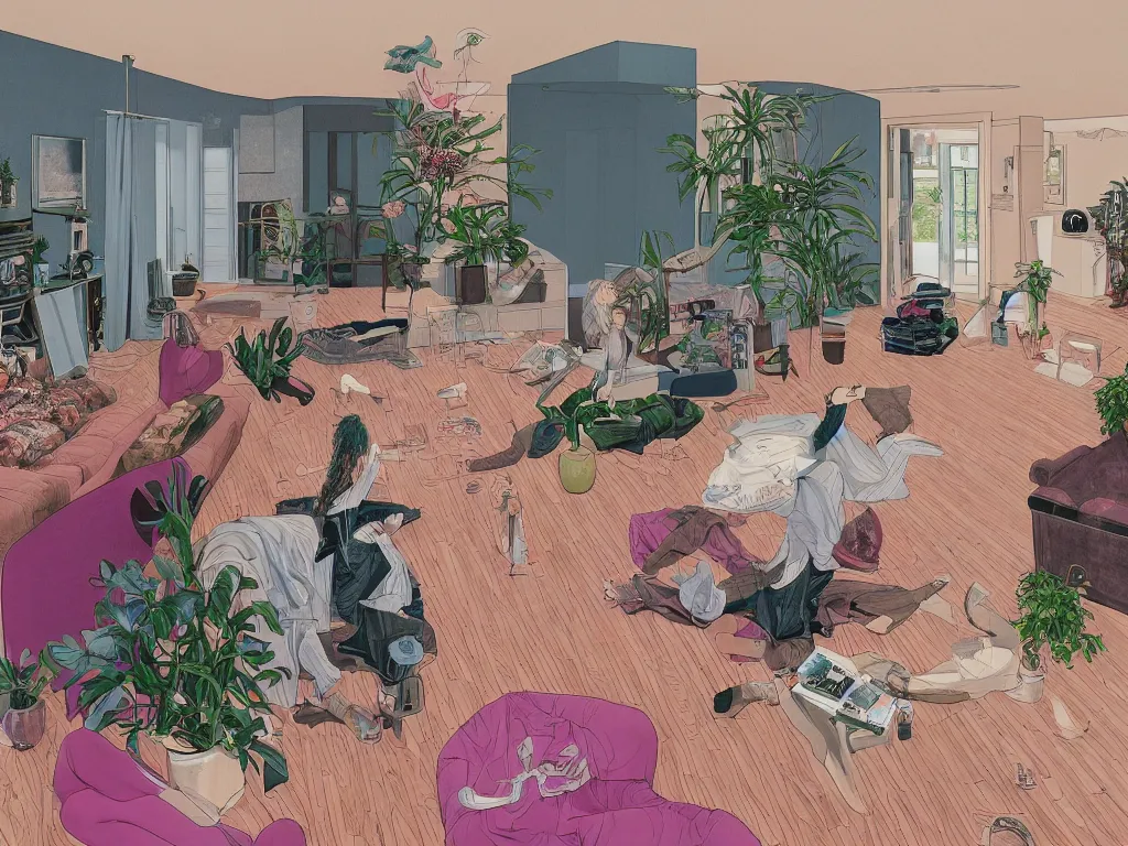 Image similar to realistic detailed image of one woman start to bounce in a living room of a house, floating dark energy surrounds the middle of the room. There is one living room plant to the side of the room, by martine johanna and moebius