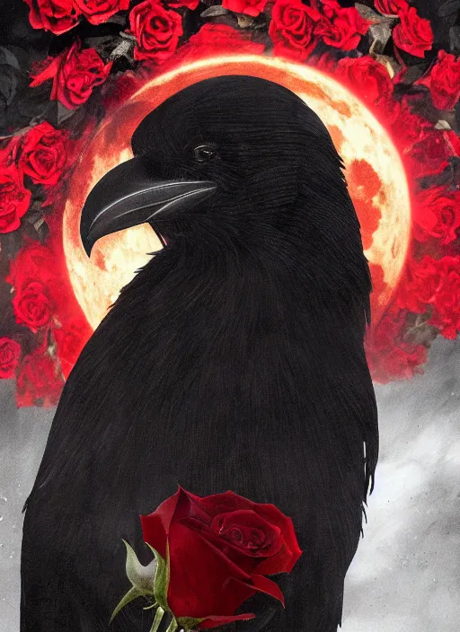 Image similar to portrait, A crow with red eyes in front of the full big moon, book cover, red roses, red white black colors, establishing shot, extremly high detail, photo-realistic, cinematic lighting, by Yoshitaka Amano, Ruan Jia, Kentaro Miura, Artgerm, post processed, concept art, artstation, raphael lacoste, alex ross, portrait, A crow with red eyes in front of the full big moon, book cover, red roses, red white black colors, establishing shot, extremly high detail, foto realistic, cinematic lighting, by Yoshitaka Amano, Ruan Jia, Kentaro Miura, Artgerm, post processed, concept art, artstation, raphael lacoste, alex ross