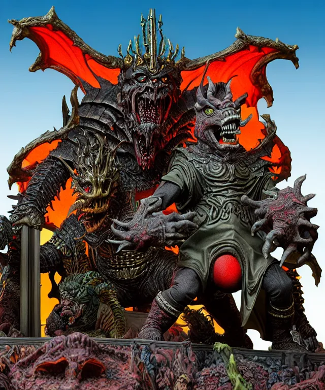 Image similar to a hyperrealistic rendering of an epic boss fight against an ornate supreme dark overlord by art of skinner and richard corben, product photography, mountain nightmare castle playset, collectible action figure, sofubi, neon color