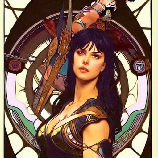 Image similar to xena warrior princess eating at a restaurant art by artgerm and greg rutkowski and alphonse mucha w 7 6 8