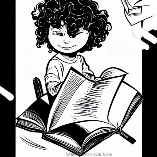 Image similar to clean simple line art of a little girl with wavy curly hair reading a book. white background. well composed, clean black and white line drawing, beautiful detailed face. illustration by josan gonzalez and steve ditko and greg rutkowski