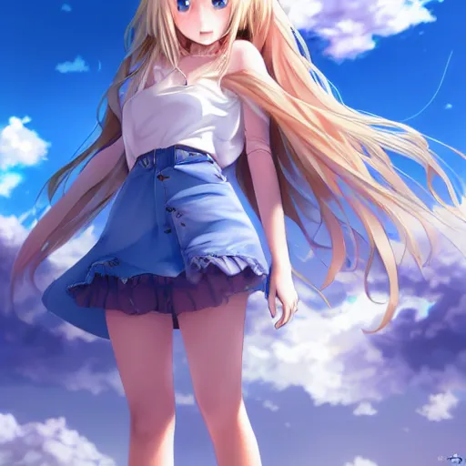 Prompt: a very beautiful anime cute girl, full body, long wavy blond hair, sky blue eyes, full round face, short smile, large top, miniskirt, front view, medium shot, mid-shot, highly detailed, cinematic wallpaper by Stanley Artgerm Lau