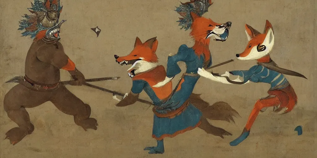 Image similar to an anthropomorphic fox fighting an evil knight who is twice as tall, 1 9 th century painting