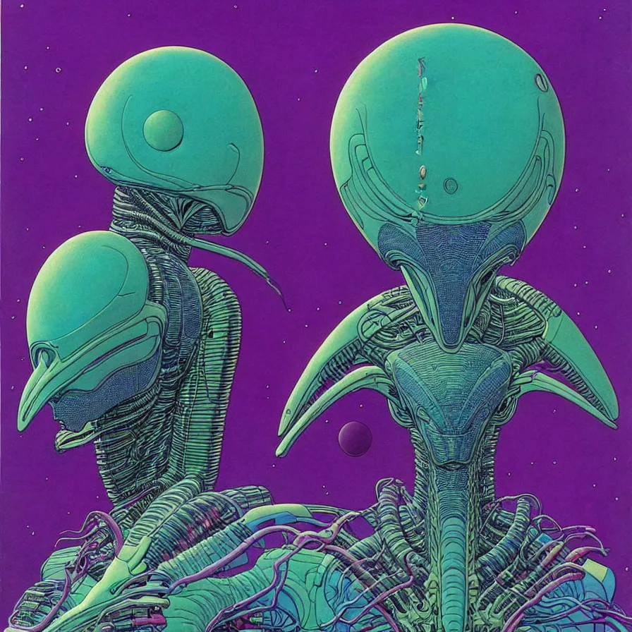 Image similar to ( ( ( ( alien ) ) ) ) by mœbius!!!!!!!!!!!!!!!!!!!!!!!!!!!, overdetailed art, colorful, artistic record jacket design