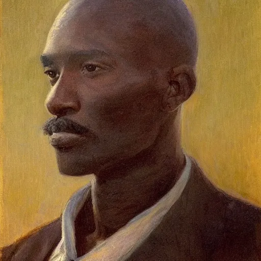 Image similar to a painting of a elegant, well fed, smooth-chinned, long nose, African, elder with few eyebrows by Henry Ossawa Tanner . thinker without facial hair, thoughtful, focused, visionary, calm, jovial, loving, fatherly, generous, . dramatic angle, ethereal lights, details, smooth, sharp focus, illustration, realistic, cinematic, artstation, award winning, rgb , unreal engine, octane render, cinematic light, macro, depth of field, blur, red light and clouds from the back, highly detailed epic cinematic concept art CG render made in Maya, Blender and Photoshop, octane render, excellent composition, dynamic dramatic cinematic lighting, aesthetic, very inspirational, arthouse.