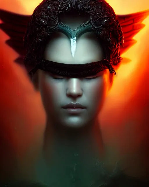 Image similar to fantasy portrait of a dark angel with a blindfold on his eyes!!, highly detailed, moist foggy, abstract dragons around in a intricate background, complex 3 d render by ilya kuvshinov, peter mohrbacher. unreal engine, blender, octane, ray tracing. sharp focus, masterpiece, post processing, deviantart