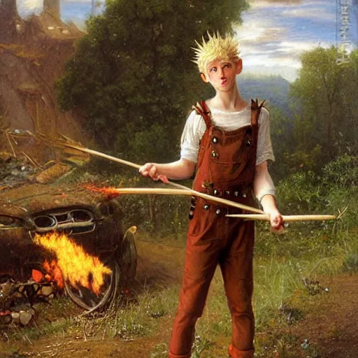 Image similar to a skinny elf with spiky blonde hair wearing dark brown overalls and holding dynamite standing next to a destroyed car, painting by Sophie Anderson