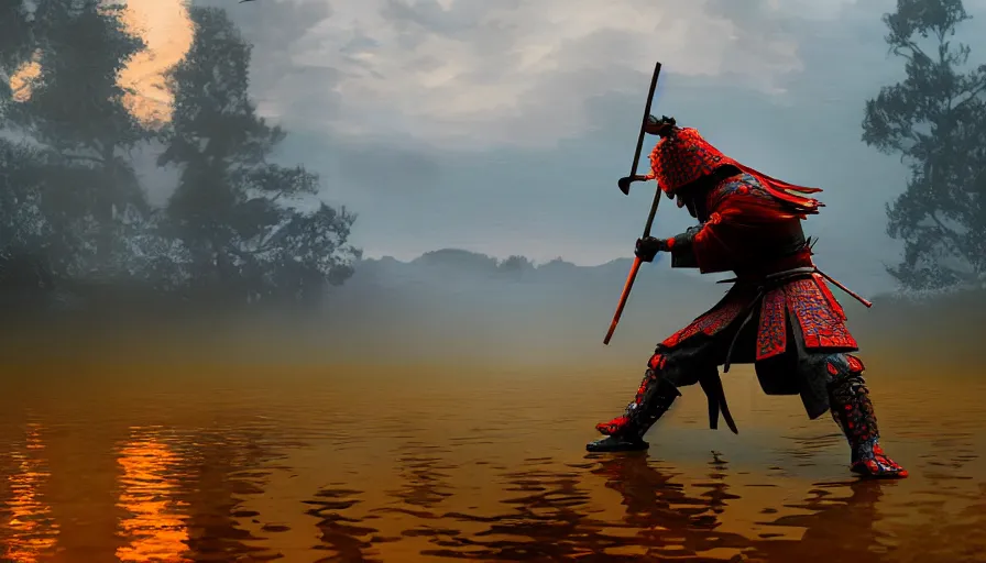 Prompt: Digital Art of A Samurai! Ninja! in Action Pose, standing in a glowing lake while it rains, Concept Art, highly detailed, Artstation, 8k, Raytracing, Unreal Engine 5