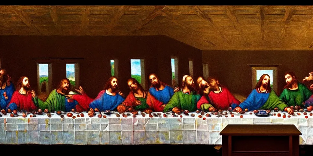 Prompt: abstract reproduction of the last supper, by jackson pollock, 4 k resolution, vivid colors, extremely detailed, dripping technique, digital art, depth, trending on artstation