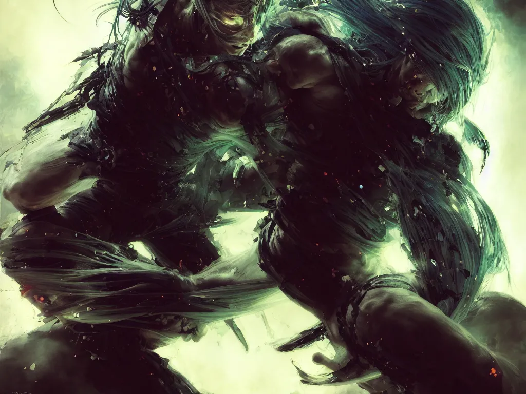 Image similar to a monsterish ninja warrior, flowing backlit hair, character closeup, beautifully designed character, award winning collaborative painting by geg ruthowski, alphonse murac, craig mullins, ruan jia, wlop, yoji shinkawa, collaborative artwork, exquisitely high quality and detailed