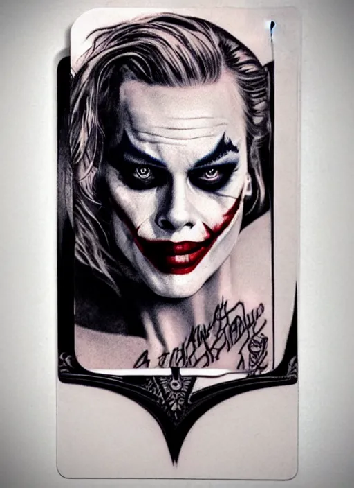 Prompt: tattoo design of margot robbie with joker makeup, ace card, in the style of matt jordan, realistic face, black and white, realism tattoo, hyper realistic, highly detailed