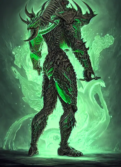 Image similar to muscular and tall green ghostly fire humanoid dragon!!!! draconian!! intricate ornate iridescent heavy armor!! character concept art, sharp focus, octane render! unreal engine 5! highly rendered!! trending on artstation!! detailed linework!! illustration by artgerm, wlop, and chie yoshii