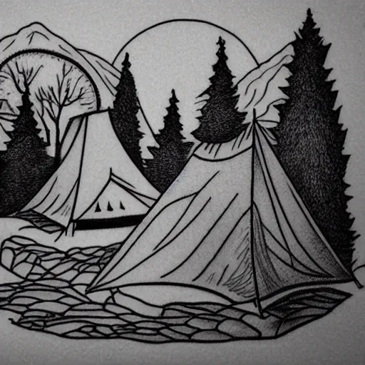 Prompt: simple line art tattoo design of a campsite, tent, trees, moon, fire, zaya, mük Jung