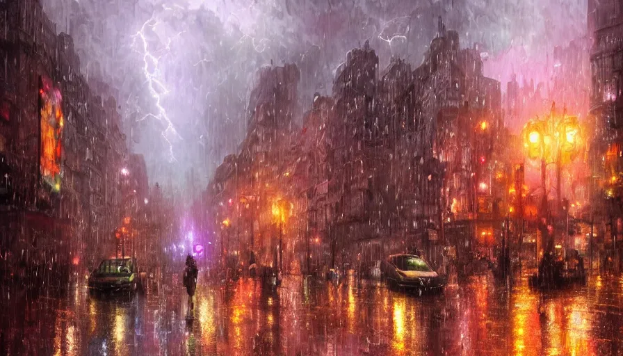 Prompt: city full of flowers during a thunderstorm with heavy rain, artstation