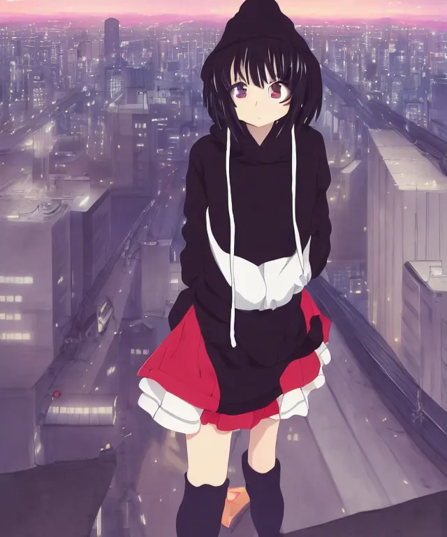 Image similar to anime visual, portrait of a young black haired girl wearing hoodie sightseeing above the city, guardrail, cute face by yoh yoshinari, katsura masakazu, dramatic lighting, dynamic pose, dynamic perspective, strong silhouette, ilya kuvshinov, anime cels, 1 8 mm lens, fstop of 8, rounded eyes, moody, detailed facial features