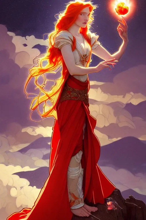 Image similar to a beautiful princess holding a fireball, ginger hair with freckles, wearing long flowing red robes inspired by alphonse mucha, standing on a mountain top with epic clouds and godlike lighting, intricate illustration and highly detailed digital painting. concept art by artgerm. inspired by brom art and larry elmore.