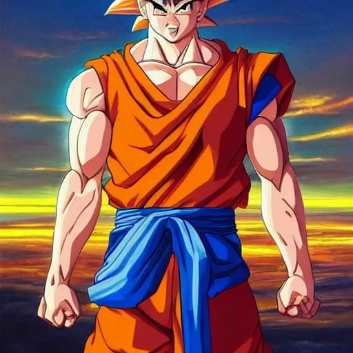 Image similar to clear portrait of son goku, adorable appearance!!!, golden hour, happy apearance, cottagecore!!, background hyper detailed, character concept, full body, dynamic pose, intricate, elegant, highly detailed, digital painting, artstation, concept art, smooth, sharp focus, illustration, art by artgerm and greg rutkowski and alphonse mucha