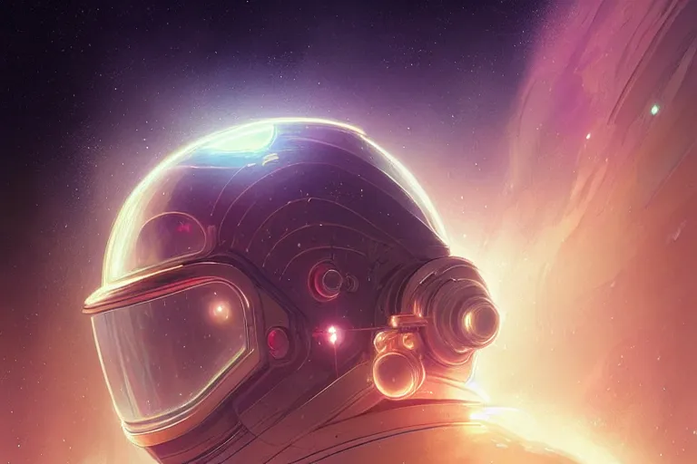 Image similar to Portrait of a Futuristic astronaut reflective visor reflecting a nebula supernova in space, portrait, elegant, intricate, digital painting, artstation, concept art, smooth, sharp focus, illustration, art by artgerm and greg rutkowski and alphonse mucha