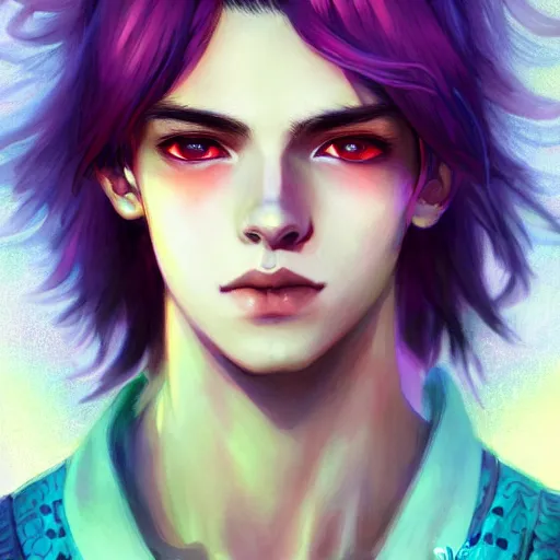 Image similar to colorful and Festive Captivating teenager boy with straight indigo hair, purple eyes with red eye markers, slim body, wearing a detailed Japanese kimono with golden details, atmospheric lighting, painted, intricate, 4k, highly detailed by Charlie Bowater