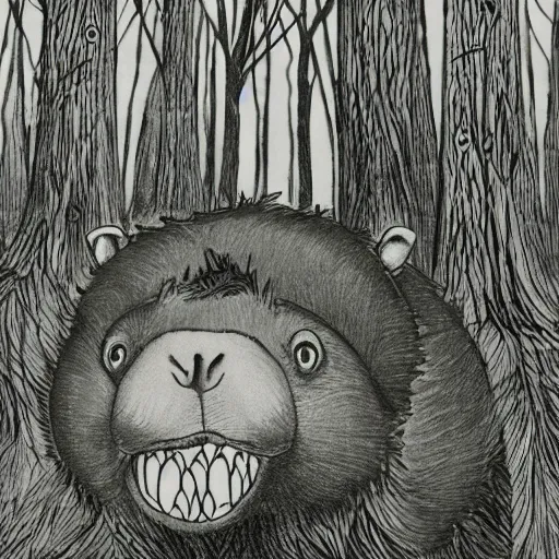 Image similar to capybara, style of kentaro miura, in a spooky forest