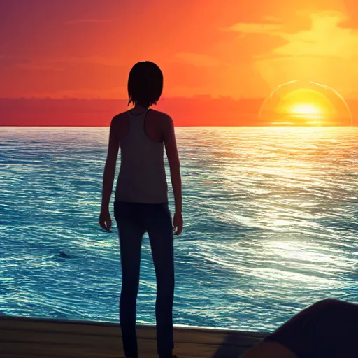 Prompt: max caulfield watching sunset on the sea, realistic, serene, cinematic