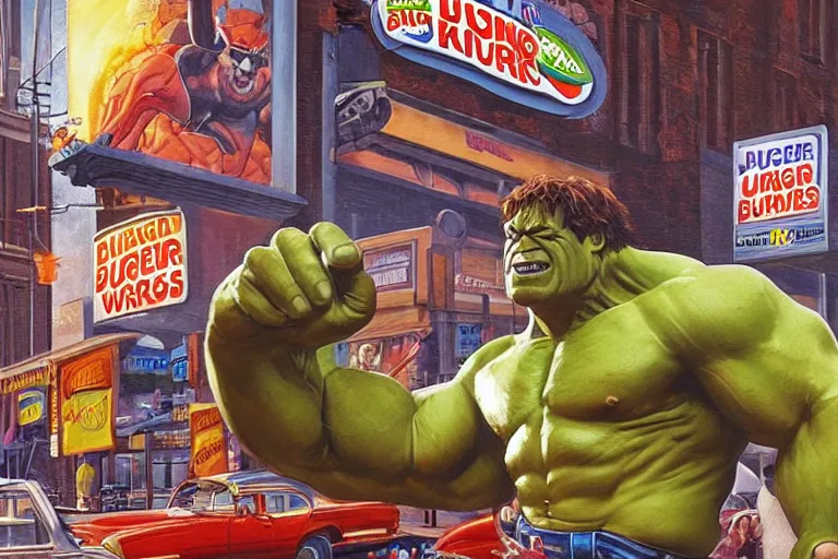 Image similar to the hulk working at burger king, oil on canvas, intricate, full scene, 8 k highly professionally detailed, hdr, joe jusko