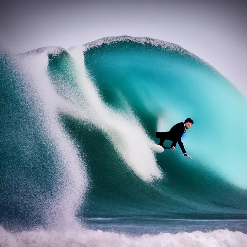 Image similar to man in black suit surfs carpet which looks like ocean wave in nazare, furniture around, business surrounding, dslr, insane details, hyper reallistic, 8 k, clear face and eyes, ultra clear detail, hdr, textured, award winning, professional photography