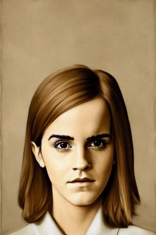 Image similar to ultra realistic emma watson face portrait in the style of grant wood