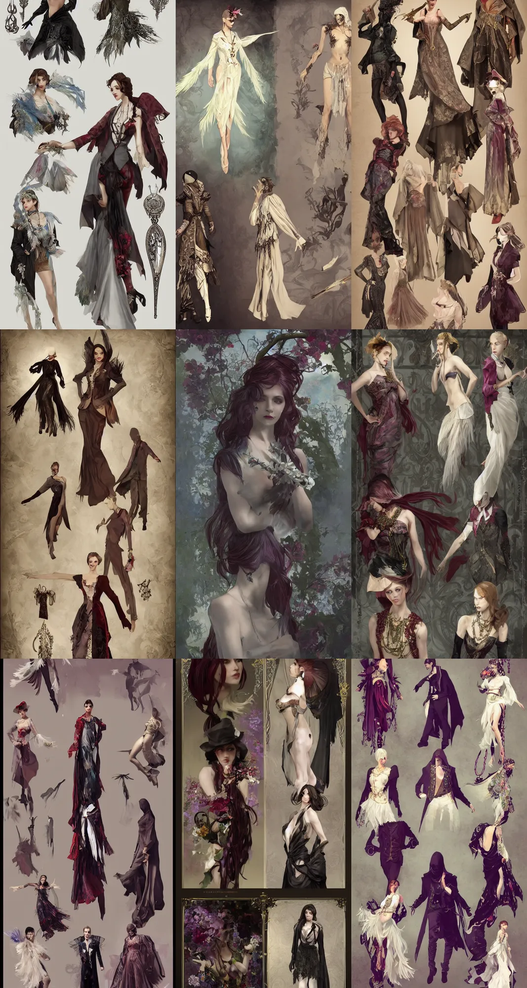 Prompt: Painterly character concept and fashion spot illustrations from Vampire The Masquerade Bloodlines and Assassin's Creed Syndicate mashup, full-body, bloom, dynamic poses, diaphanous cloth, bloom, god rays, studio lighting, intricate crystalline and feather jewelry, ornate, filigree, arcane, cinematic lighting, by Alphonse Mucha, by John Singer Sargent, by Bouguereau, by Rubens, fantasy, portfolio illustration, highly detailed, trending on Artstation, CGsociety, Pixologic top row, rendered in Octane, rendered in Arnold, HQ, 8k, 35mm lens, f2.8, Bokeh,