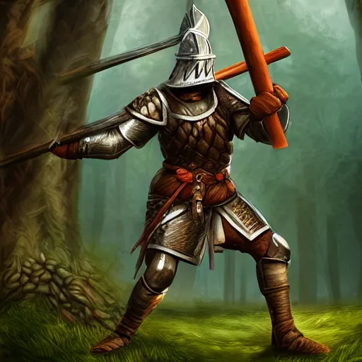 Image similar to digital art of a woodland knight made of wood holding a giant club, in a dark forest, digital art, high quality render, artstation, 8 k, photograph quality, ultrahd, in the style of dungeons and dragons