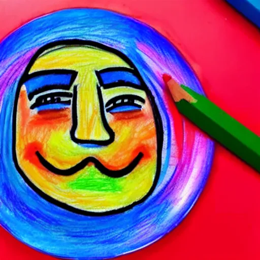 Prompt: a colorful crayon drawing of a face on a paper plate