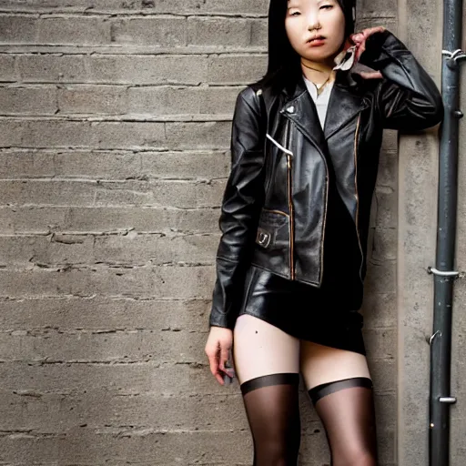 Prompt: a perfect 8K HD professional photo of close-up japanese girl posing, wearing leather jacket, miniskirt, pantyhose and high heels in sci-fi dystopian alleyway, at instagram, Adobe Lightroom, taken with kodak portra