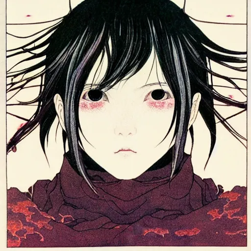 Image similar to prompt: Fragile looking soft light portrait face drawn by Takato Yamamoto and Katsuhiro Otomo, inspired by Ghost in Shell anime, magical and alchemical objects on the side, soft light, intricate detail, intricate ink painting detail, sharp high detail, manga and anime 2000