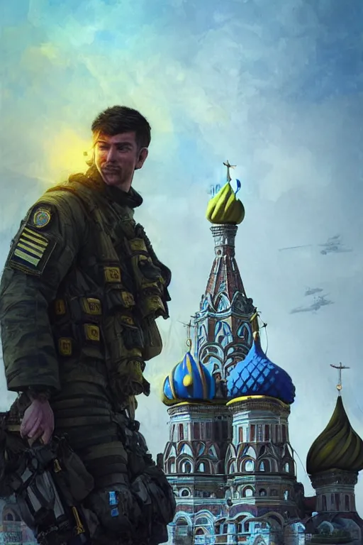 Image similar to special forces soldier raising ukrainian blue and yellow flag, kremlin st. basil cathedral in the background, masculine figure, d & d, fantasy, bright atmosphere, volumetric lights, intricate, elegant, extremely detailed, digital painting, artstation, concept art, matte, smooth, sharp focus, hyper realistic, illustration, art by artgerm and greg rutkowski and alphonse mucha