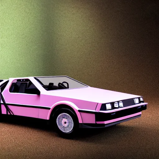 Prompt: primitive, low polygon render of a pink delorean in the jungle