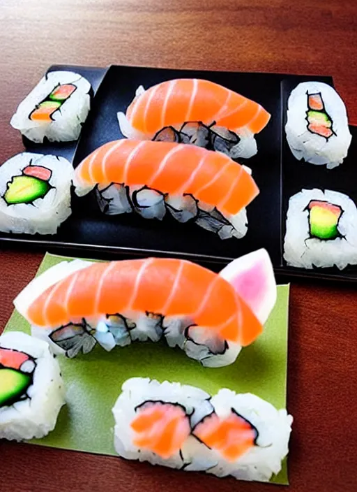 Image similar to clear photorealistic picture of adorable cats made out of sushi