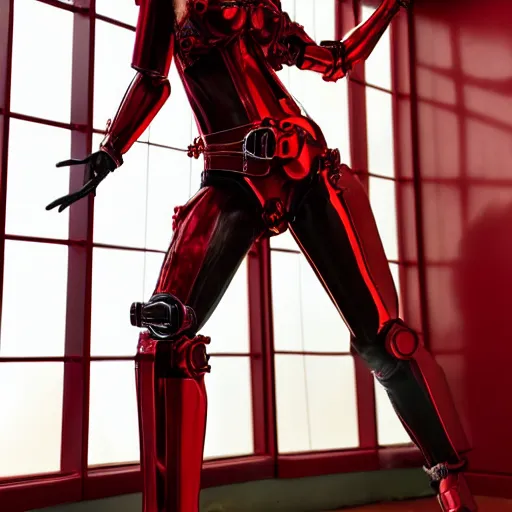 Prompt: a beautiful red - haired cyborg girl with steampunk iron legs stands in the dog pose in the red room height detailed 8 k