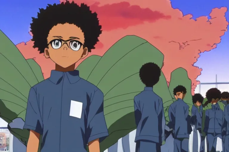 Prompt: Huey Freeman from The Boondocks as a Evangelion pilot, anime screenshot, Evangelion: 1.0 You Are (Not) Alone, best composition, detail sharp, 8k, directed by Hideaki Anno