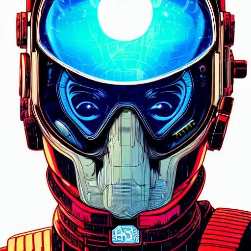 Image similar to close up portrait of a 23rd century Space Pirate by James Jean Dan Mumford Strongstufftom, most wanted, skull helmet, glorious data traveler, Ghost in the shell, Akira, cyberpunk, Blade Runner