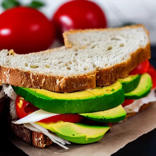 Prompt: sandwich with tofu, tomato, onion, avocado and cheddar, studio photo, amazing light