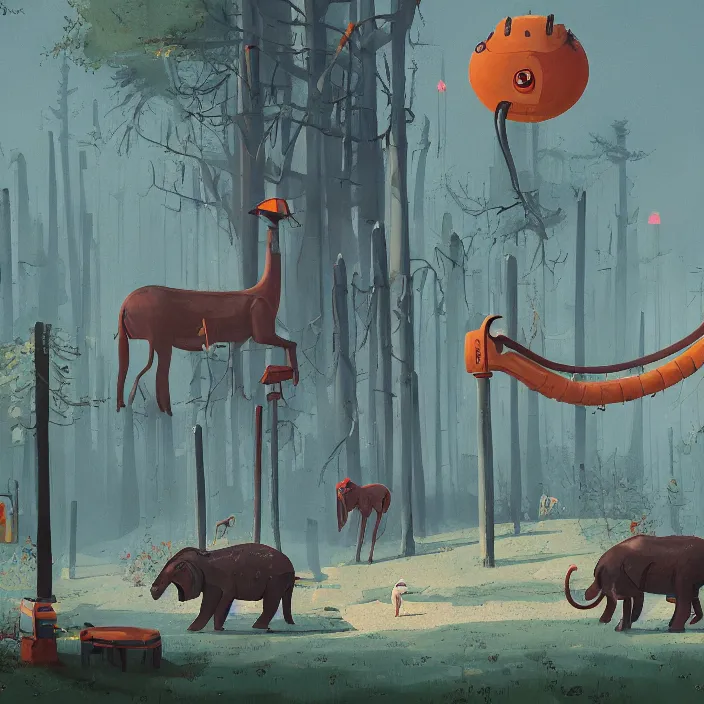 Image similar to a beautiful day at the zoo, by simon stalenhag