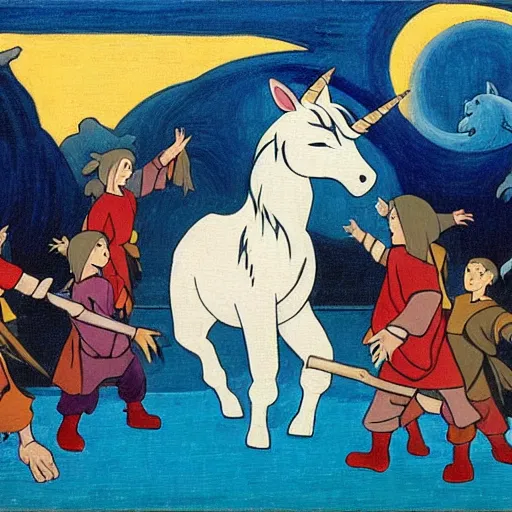 Prompt: avatar the last airbender by lawren harris, by mark lovett uneven. a photograph of a pantomime unicorn onstage, surrounded by a group of children who are clapping & cheering. the unicorn is wearing a sparkly costume & has a long, flowing mane. its horn is glittering & its eyes are wide open.