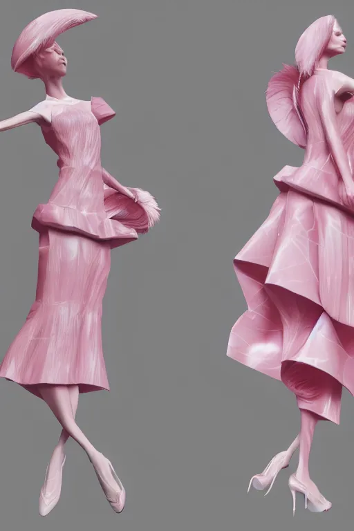 Image similar to a woman in a pink dress and pink shoes, a haute couture marble sculpture by alexander mcqueen, cg society contest winner, vorticism, daz 3 d, made of feathers, feminine