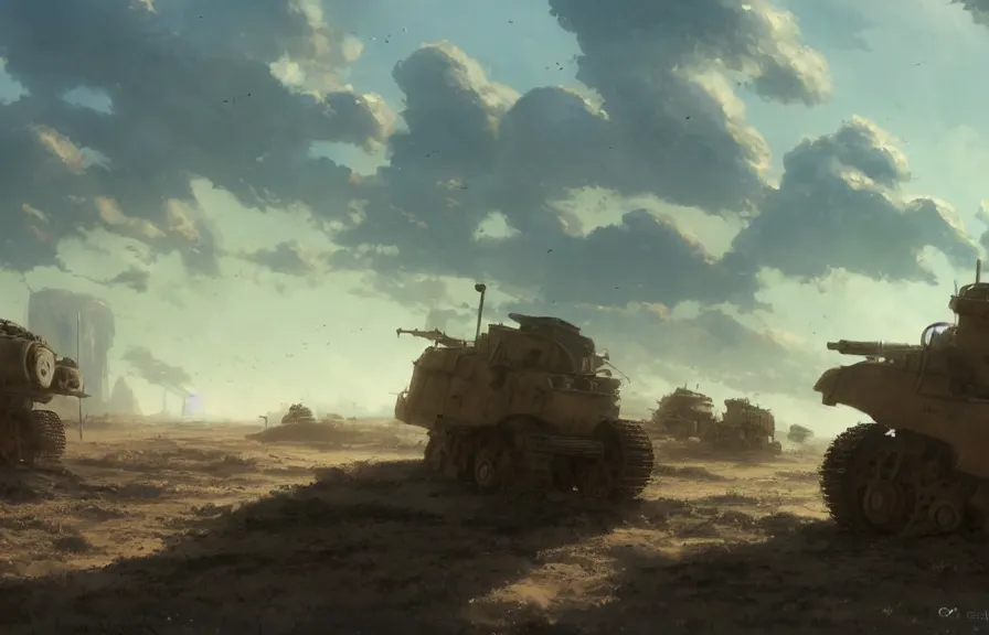 Image similar to concept art of a dusty field with ruined dieselpunk orcish tanks in the background, bomb craters, smoke, key visual, ambient lighting, highly detailed, digital painting, artstation, concept art, sharp focus, by makoto shinkai and akihiko yoshida and hidari and wlop