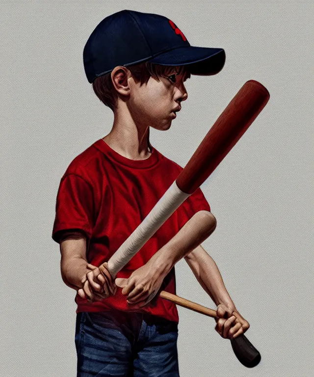 Prompt: a young boy wearing a horizontal striped shirt and a red baseball cap and jean shorts, holding a baseball bat, centered composition, digital painting, artstation, concept art, sharp focus, octane render, illustration, art by james jean,