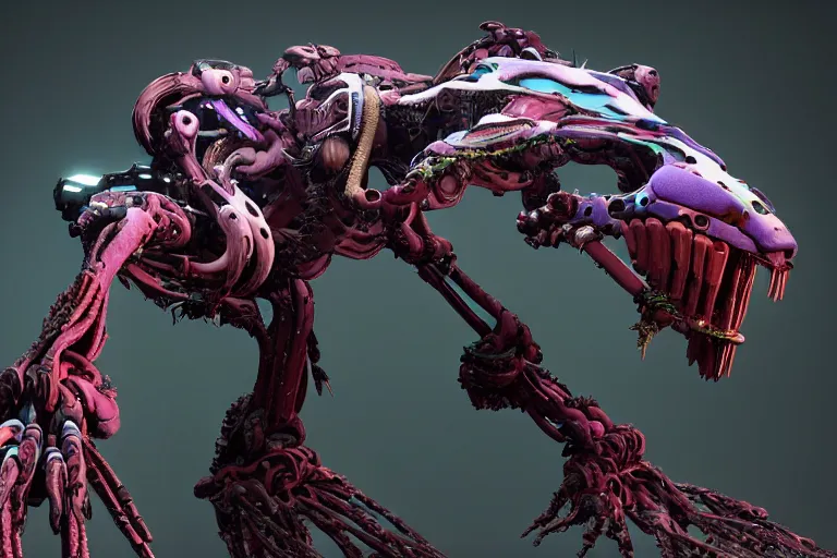 Image similar to portrait of a posed hyper detailed complex, plowhorn evangelion realistic mechanical and fleshy organic creature similar look as horizon forbidden west horizon zero dawn bioluminiscence in a dark deep forest at dawn in spring, with reflection and textures, by kilian eng, substance painter reaslitic mech surface metal painted scratches